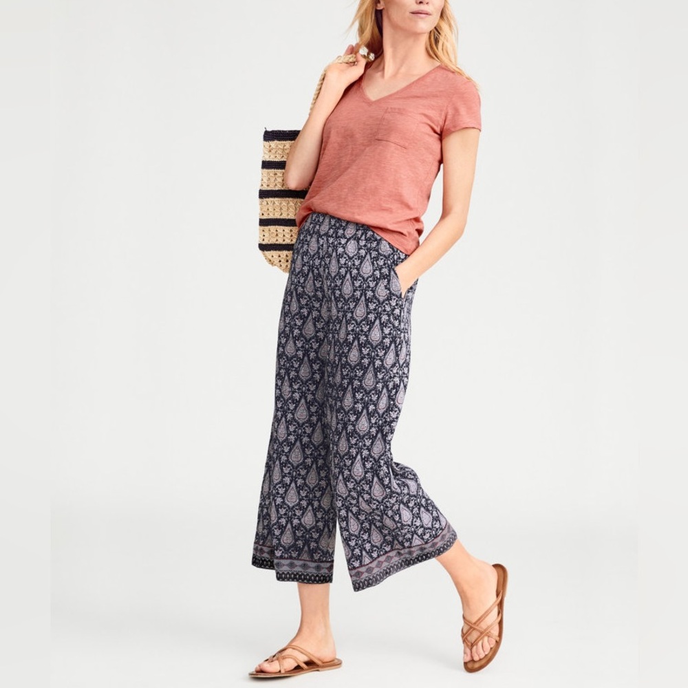 Garnet Hill Organic Cotton Gauze Palazzo Pants‎ Navy Paisley Damask Boho Coastal